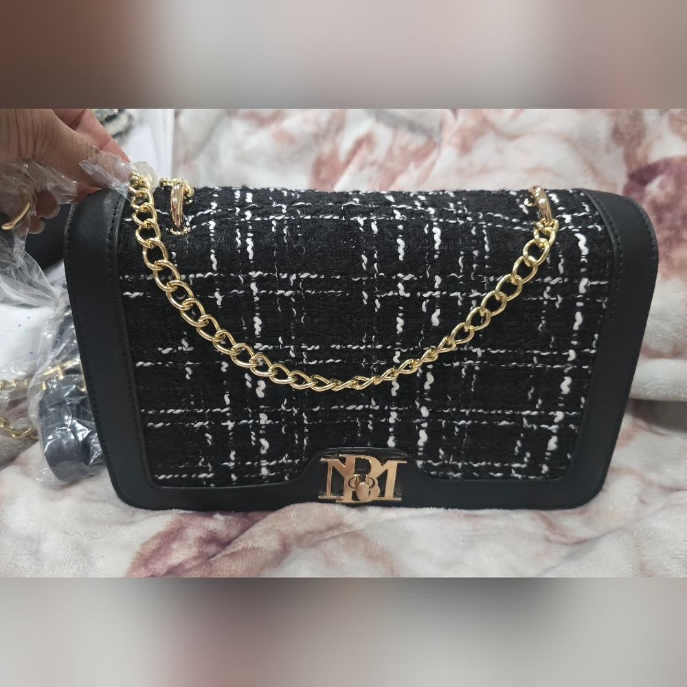 BAGLEY MISHKA Black and Gold Tweed Chain Shoulder Bag